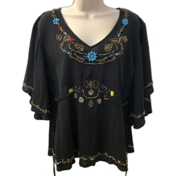Vintage Y2K NWT Willi Smith Womens Black Beaded Top Tie Back XL Bell Sleeves - Picture 1 of 10